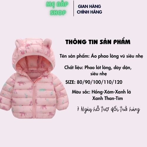 Áo khoác trẻ em, áo phao cho bé siêu nhẹ mũ tai gấu dễ thương cho bé trai và bé gái Mẹ Bắp Shop size từ 8-20kg