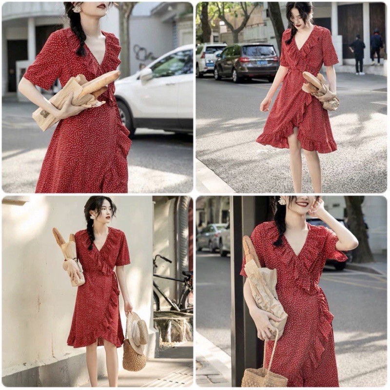 Váy đỏ chấm bi Blapink đắp tà vải voan rủ - DRESS T05A T04 | BigBuy360 - bigbuy360.vn