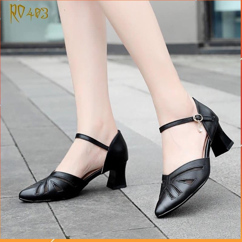 Giày cao gót nữ đẹp đế vuông 5 phân hàng hiệu rosata hai màu đen kem ro403