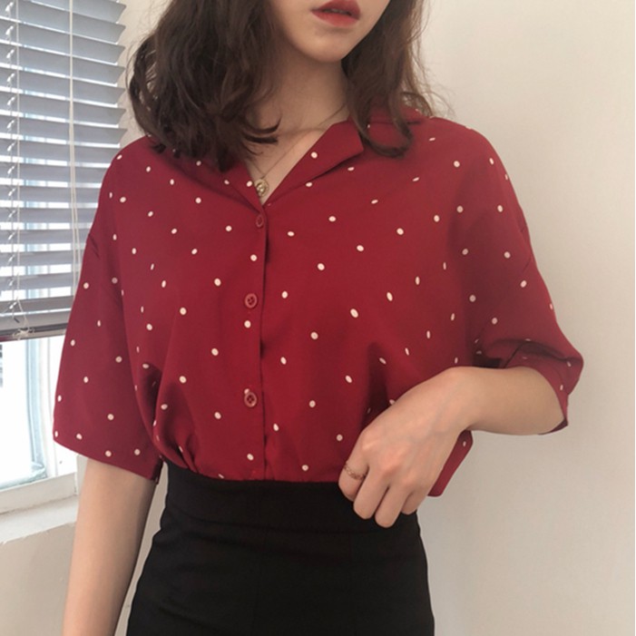 SUXI Áo thun tay ngắn cổ chữ V hoạ tiết chấm bi phong cách Hàn Quốc