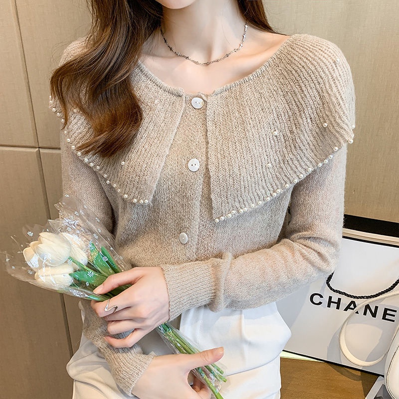 Áo Sweater Dệt Kim Tay Dài Cổ Búp Bê Đính Hạt Dễ Thương Cho Nữ  tao bao
