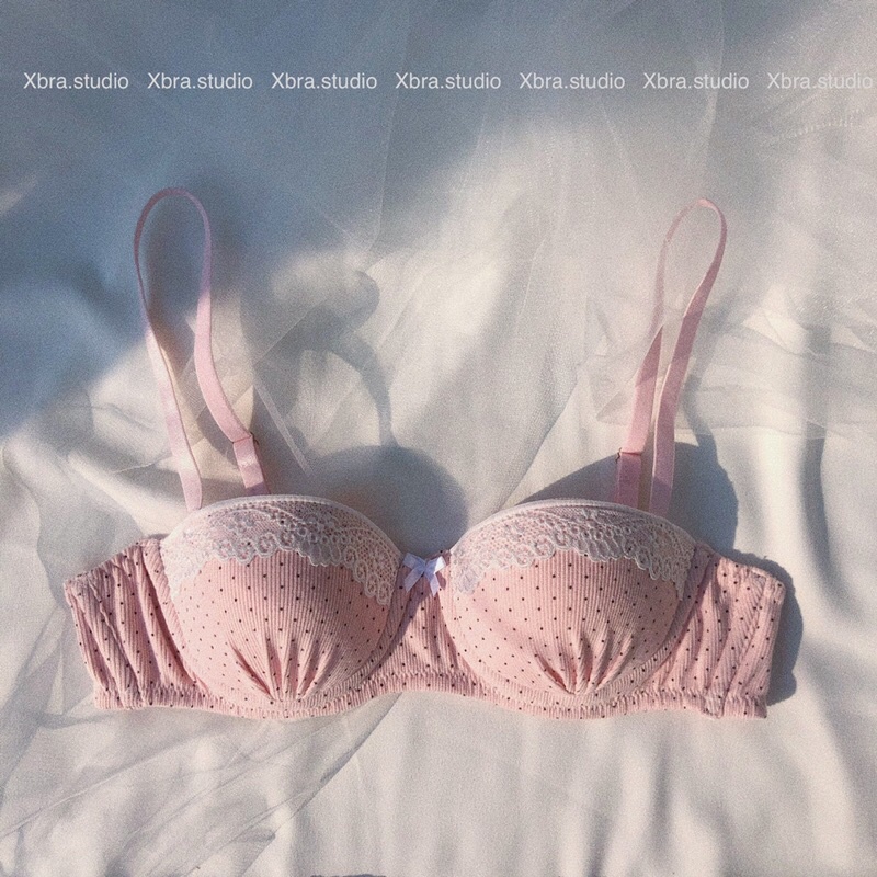 Bộ đồ lót cup ngang cotton phối ren màu hồng chấm bi dễ thương | BigBuy360 - bigbuy360.vn