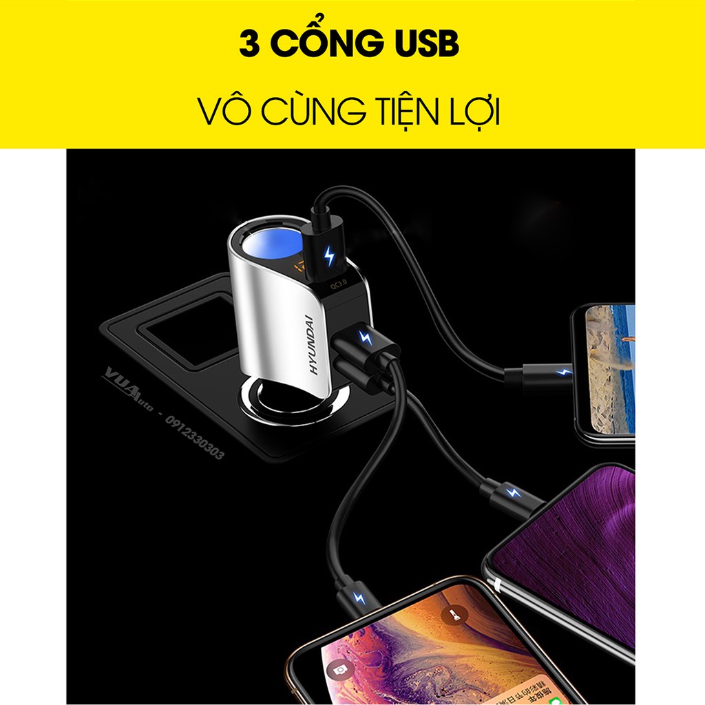 Tẩu sạc ô tô Hyundai chính hãng, 1 đầu tẩu sạc nhanh ổn định và 3 cổng USB, đèn led báo hiệu điện áp ắc quy tiện lợi