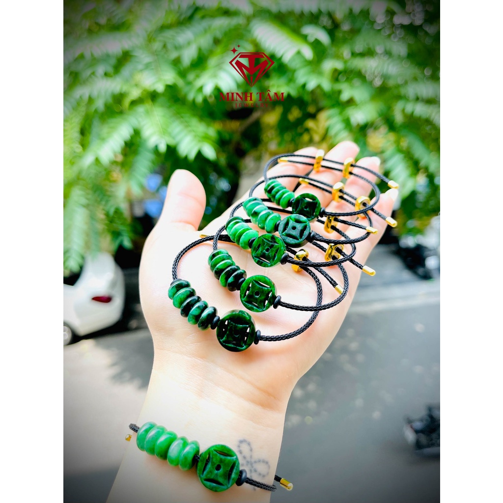 Vòng tay dây cước đồng xu tài lộc ngũ điếu Ngọc sơn thủy-Minh Tâm Jewelry