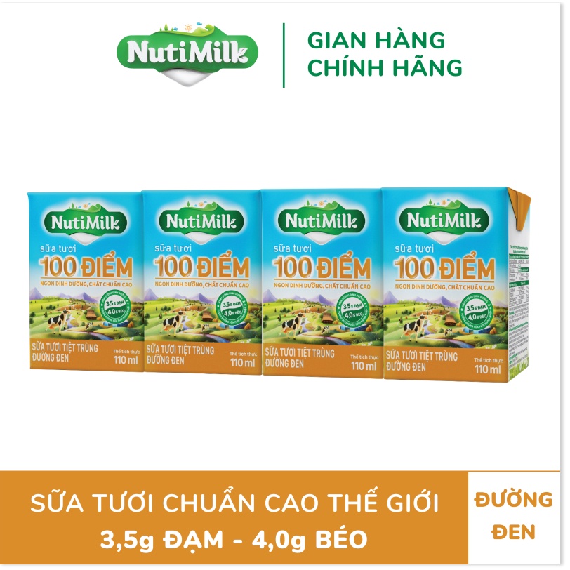 Lốc 4 Hộp NutiMilk Sữa tươi 100 điểm - Sữa tươi tiệt trùng đường đen 110ml - Thương Hiệu NUTIFOOD -CIRINO