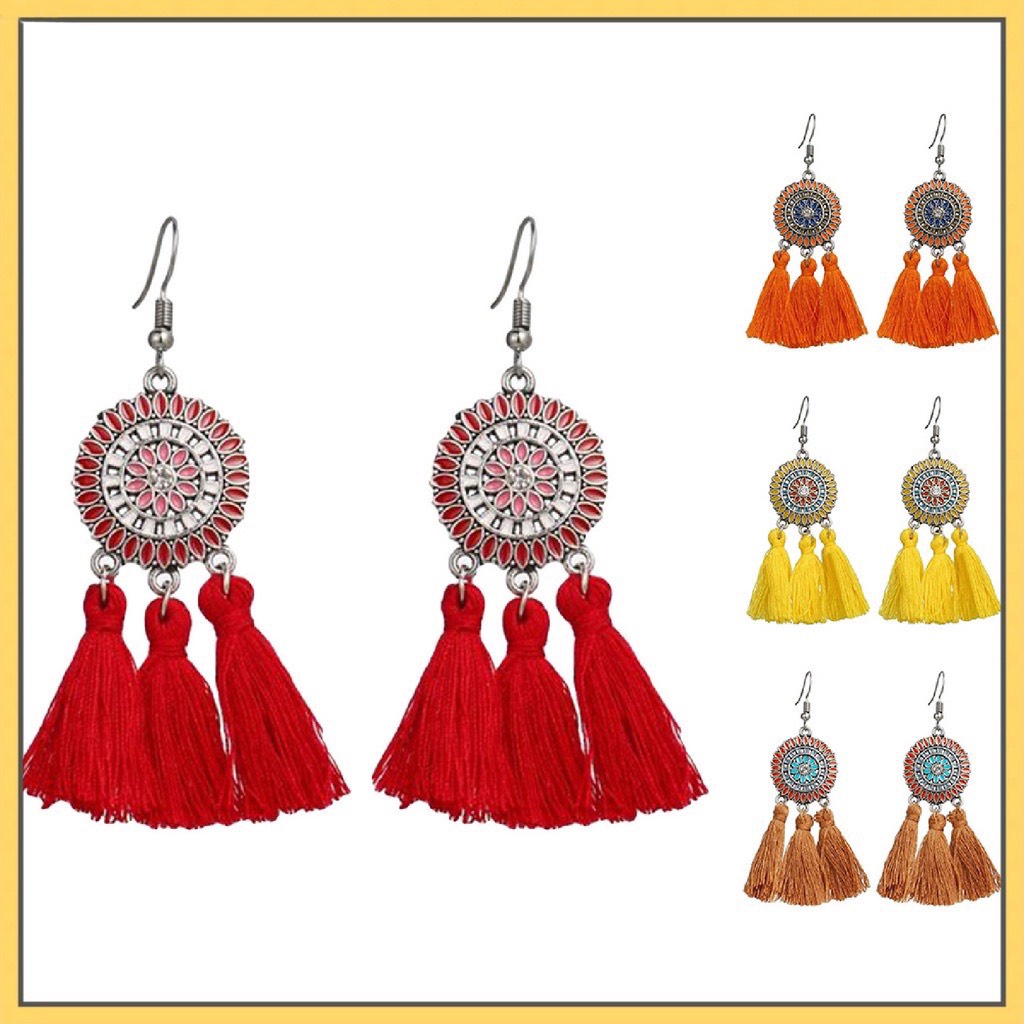 Phụ kiện hoa tai tua rua dáng dài hoa hướng dương phong cách Bohemian