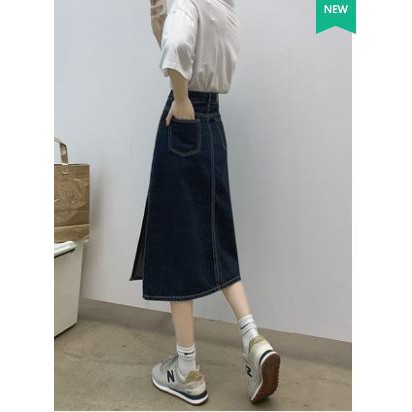 [ GIAO HÀNG BÌNH THƯỜNG ]chân váy bò denim dáng dài lưng cao xẻ tà xanh đậm ulzzang style