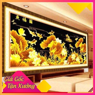 Tranh thêu chữ thập cửu ngư quần hội (cá chép sen vàng đêm trăng) khổ lớn tuyệt đẹp KT: 205x85cm thêu mona