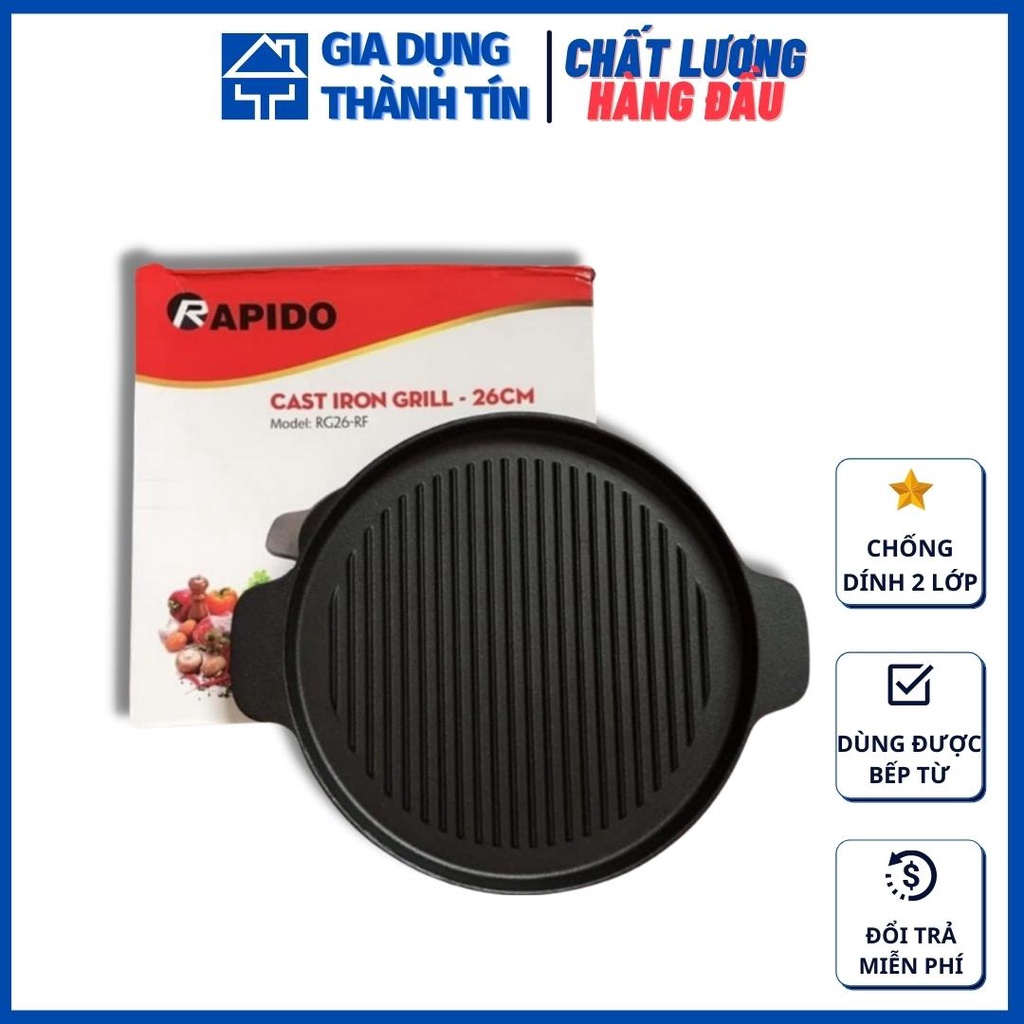Chảo nướng gang đúc nguyên khối, chống dính 2 lớp Rapido size 24-26cm