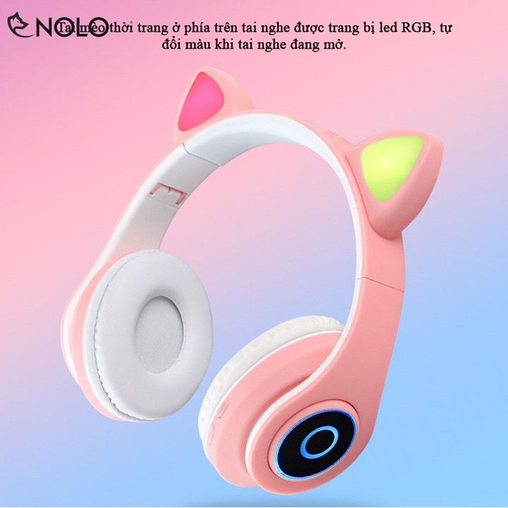 Tai Nghe Chụp Tai Headphone Bluetooth V5.0 B39 Kiểu Dáng Tai Mèo Có Đèn Led Hỗ Trợ Nghe Qua Dây Cắm AUX