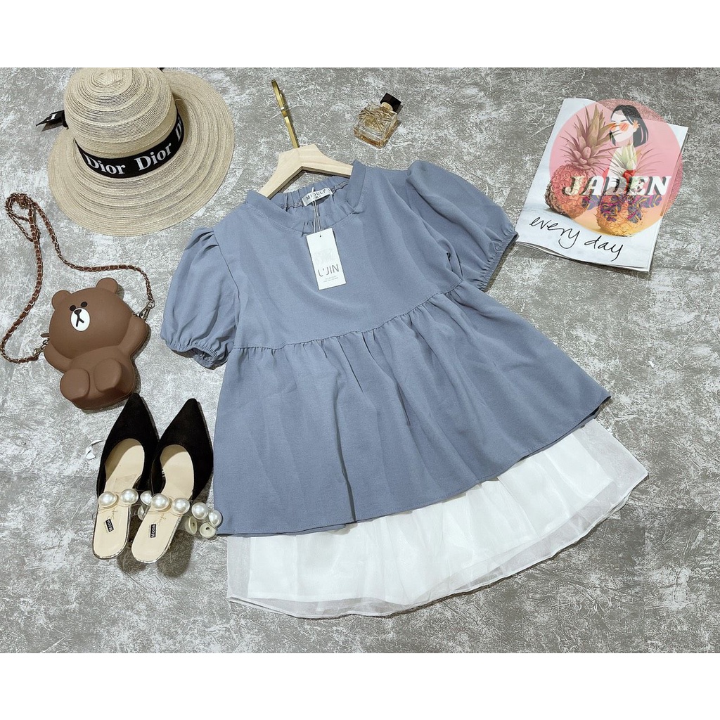Set áo babydoll tay ngắn, chân váy trắng phối voan - Freessize (40-60kg)