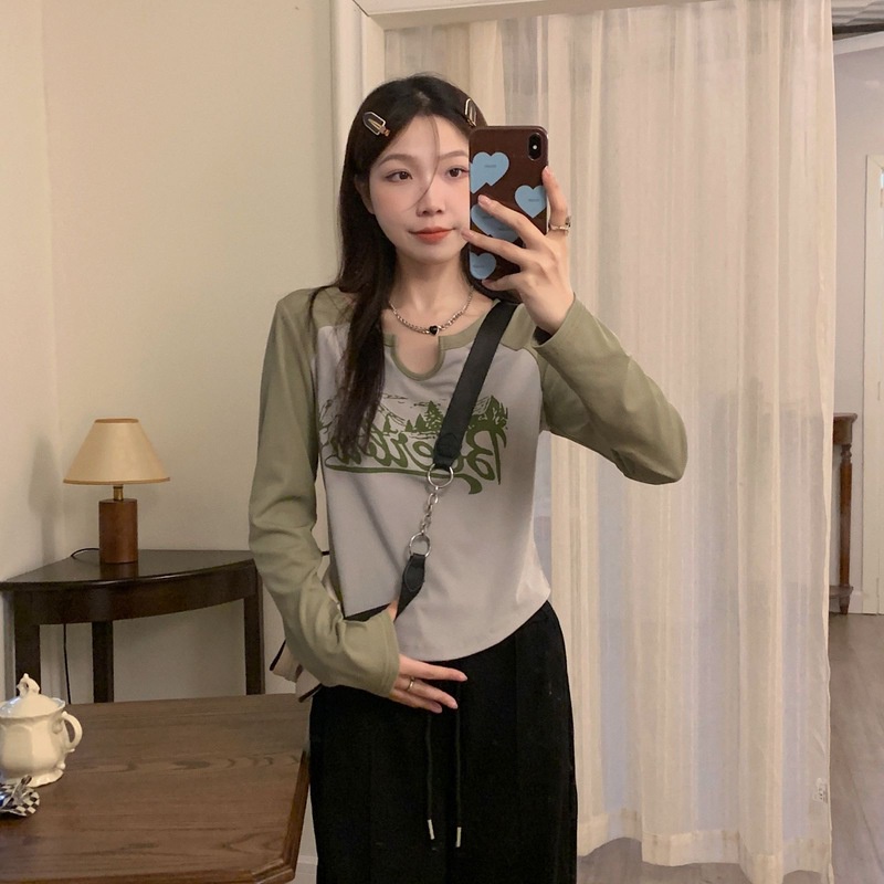 Áo thun NZN tay dài in chữ phối màu tương phản cá tính thời trang Hàn Quốc cho nữ