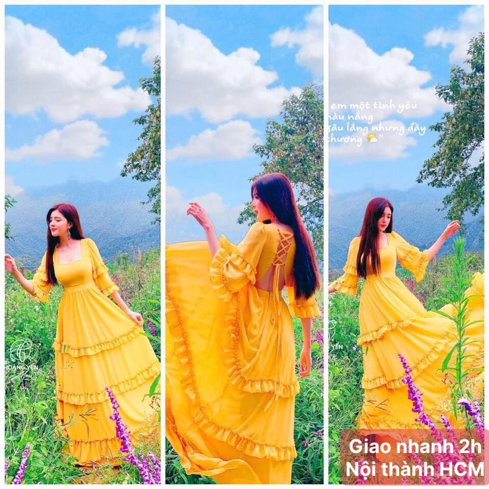 [🌼Hàng sẵn] Đầm maxi vàng đan dây hở lưng tay dài du lịch hottrend
