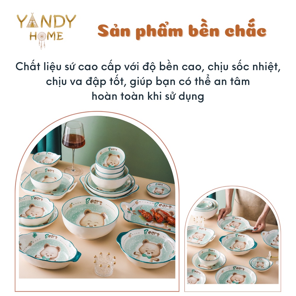 Bát đĩa tô chén gốm sứ YANDY HOME BB09 họa tiết gấu xanh 10 chi tiết men sáng bóng