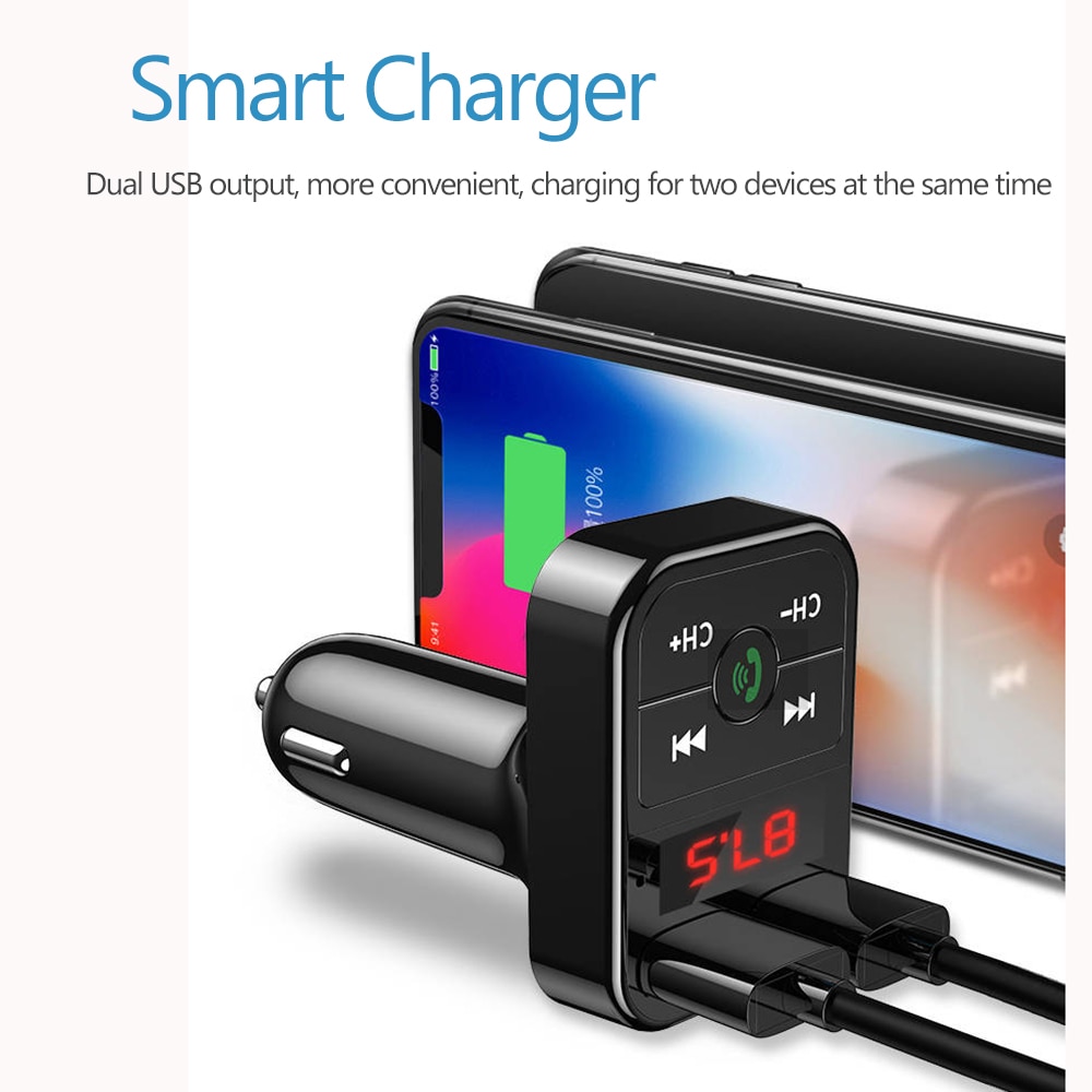 Máy Phát FM Nghe Nhạc MP3 Hai Cổng USB 2.1A Bluetooth 5.0 Cho Xe Hơi