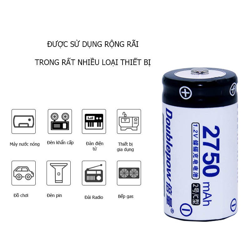 Pin đại sạc lại số 1 Size C 2750mAh Ni-Cd - Doublepow - loại cao cấp, dung lượng thực