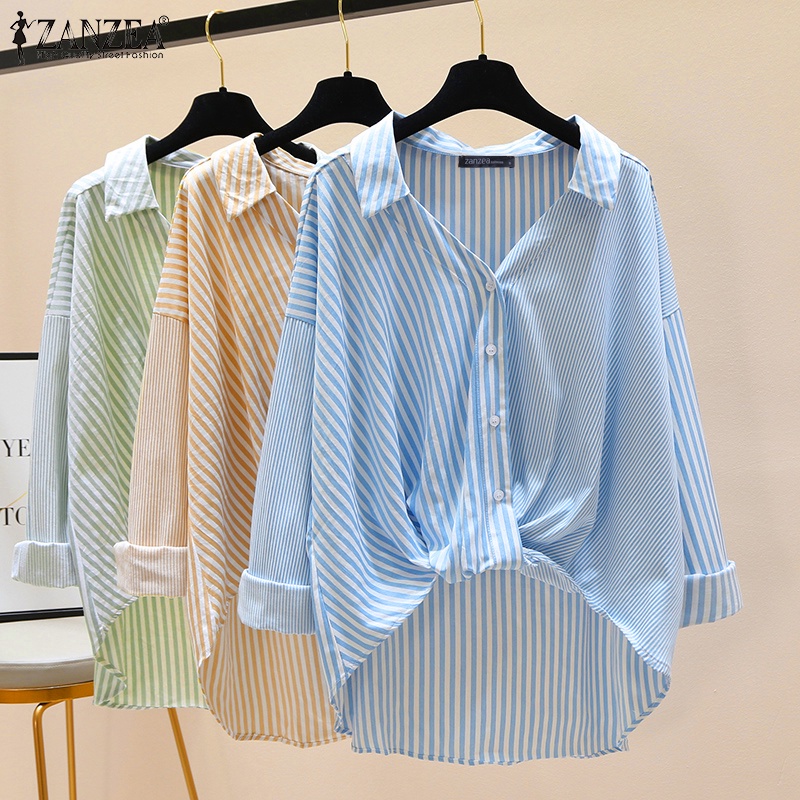 Áo sơ mi ZANZEA tay dài họa tiết kẻ sọc trẻ trung thời trang dành cho nữ
