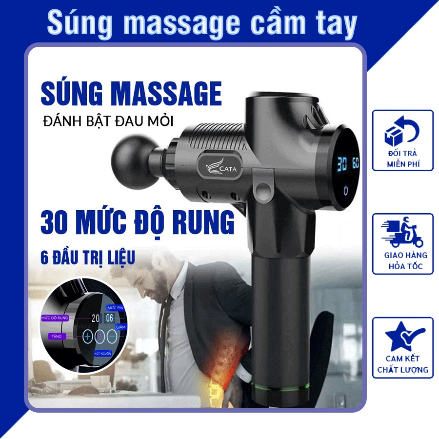 Súng massage cầm tay Cao Cấp Cát Á EM009, súng Massage cao cấp 6 Đầu 30 Chế Độ Giãn Căng Cơ, máy massage toàn thân