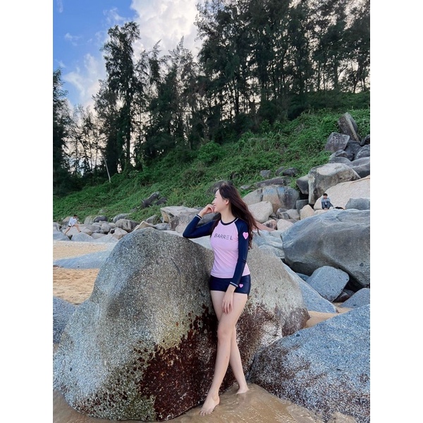 Bộ bikini , bộ đồ bơi nữ 2 mảnh dài tay in chữ phong cách Hàn Quốc