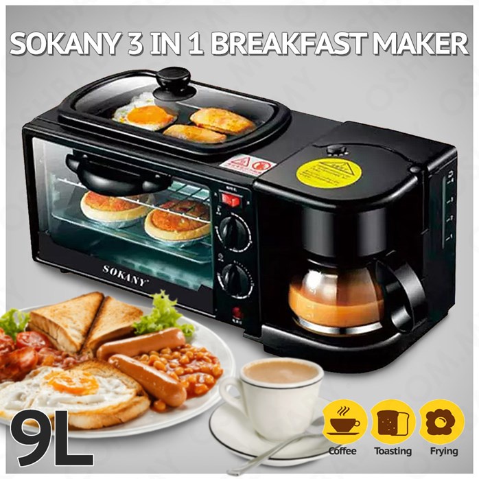 Máy làm đồ ăn sáng Chính Hãng SOKANY SK-145, Máy nướng bánh mì Sandwich kiêm Pha Cà phê - Bếp nướng đa năng 3 trong 1