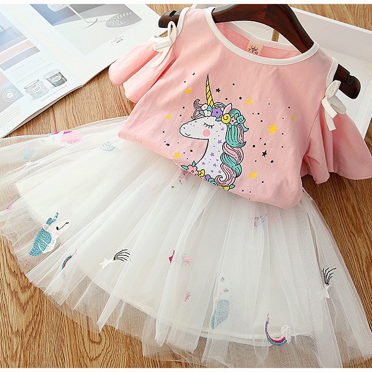 Đầm Xòe Công Chúa In Hình Kỳ Lân Hoạt Hình Dễ Thương Cho Bé Gái