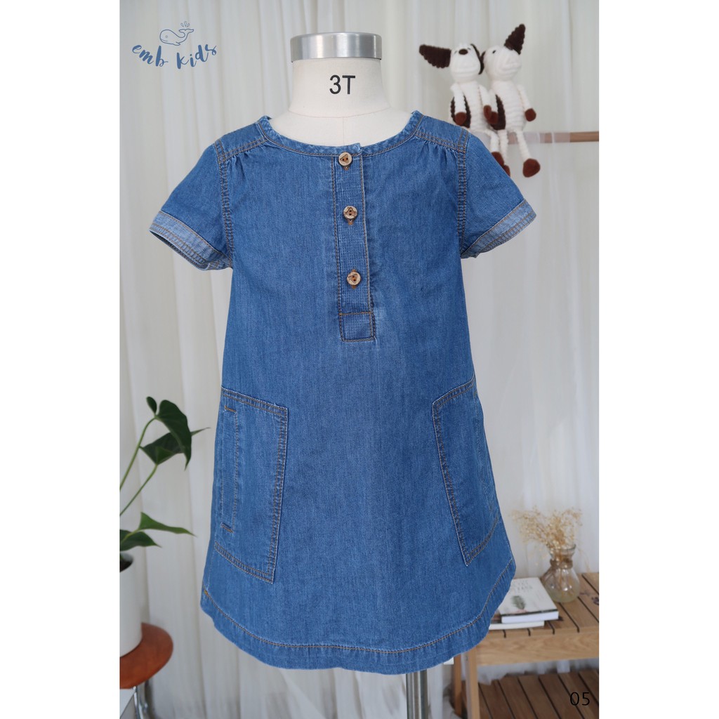 Váy bé gái EMB- Đầm jeans túi thật đính cúc gỗ, dáng chữ A siêu mềm