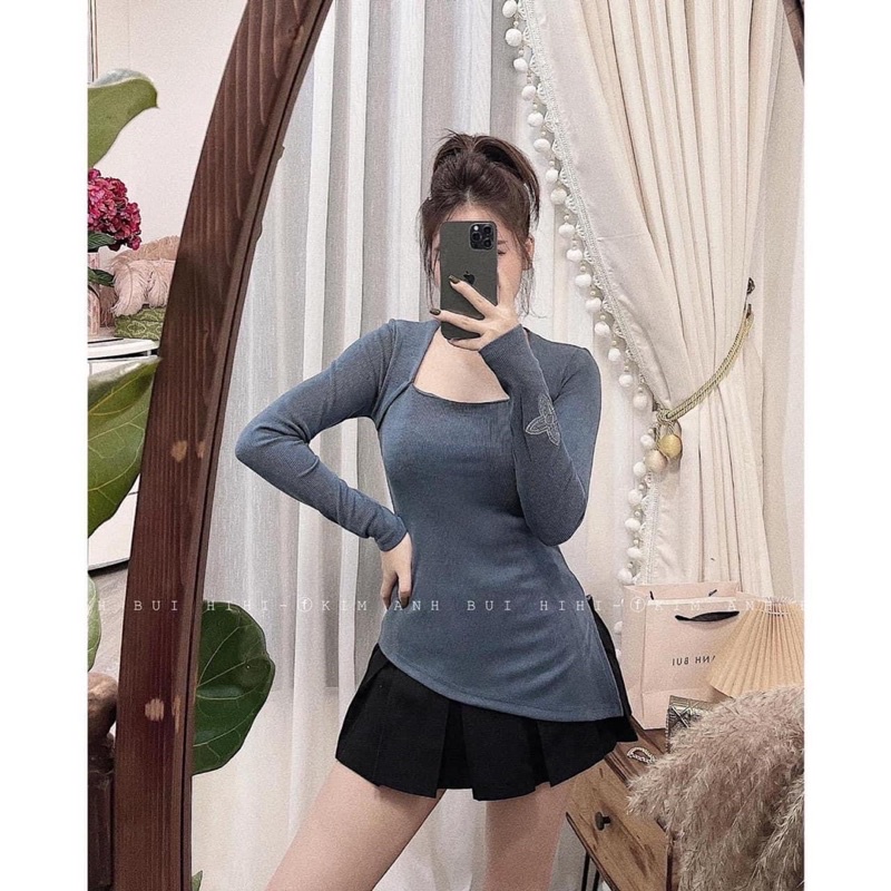 [CÓ ẢNH THẬT + VIDEO TỰ QUAY ] Áo Dài Tay Cổ Vuông From Ôm Chất Len Tăm Tay Thêu Hoa Hàng Đẹp Loại 1