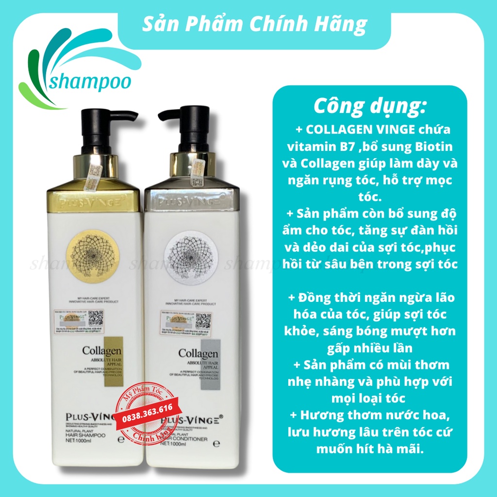 Cặp dầu gội xả Collagen Plus Vinge 1000ML giảm rụng tóc kích mọc tóc phục hồi tóc hư tổn hàng chính hãng | BigBuy360 - bigbuy360.vn