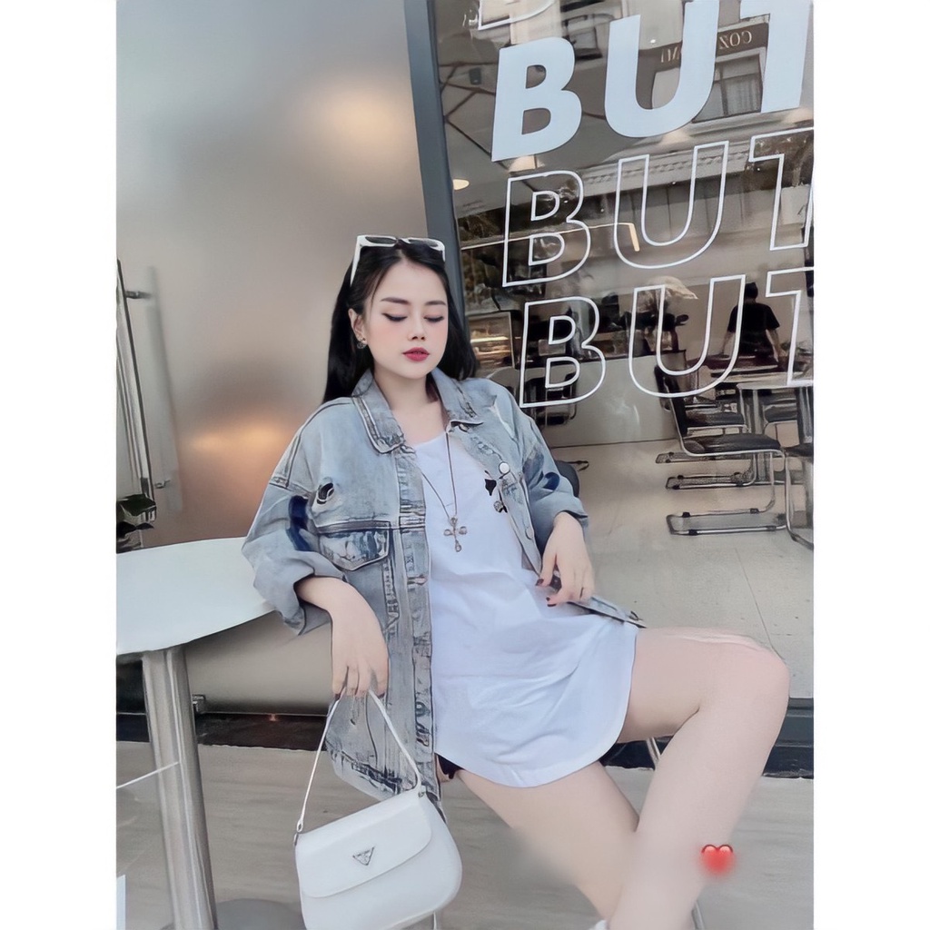 Áo Khoác Jeans Loang Rách Nữ Dài Tay Áo Sơ Mi Bò Nữ Dáng Rộng G0202