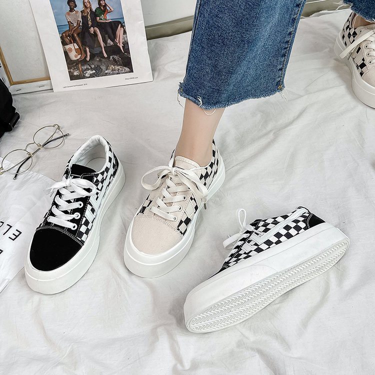 Giày thể thao nữ caro cổ thấp 2 màu đen xám Giày sneaker Ulzzang hàng Qc cao cấp Hot Hit