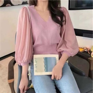 Áo len cổ tim mix tay voan - tay bồng - tay lỡ