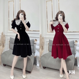 Váy đầm Nhung ôm eo xếp ly Xoè dài tay bổng cổ sen pha ren sang chảnh tiểu thư