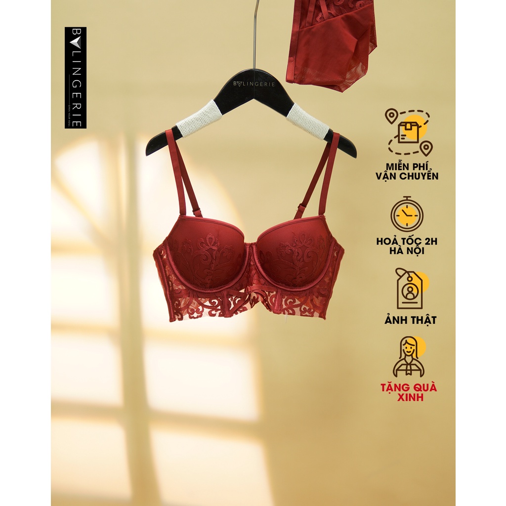 Bộ đồ lót ren nữ BY Lingerie màu đỏ có gọng mút dày B258