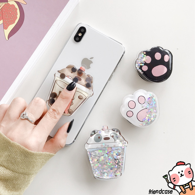 Squishy 3D Quicksand Holder Liquid Popsocket Cartoon We Bare Bears Drink Bottle Cute Phone Stand Phone Holder Desk Adjusttable Folding Bracket for All Smartphone