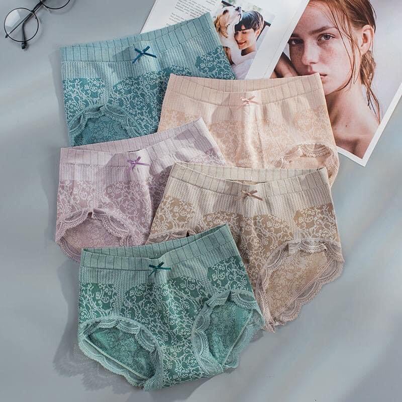 Quần Lót Nữ Thun Lưng Cao Phối Viền Ren Nơ Họa Tiết Hoa Văn Tinh Tế 168