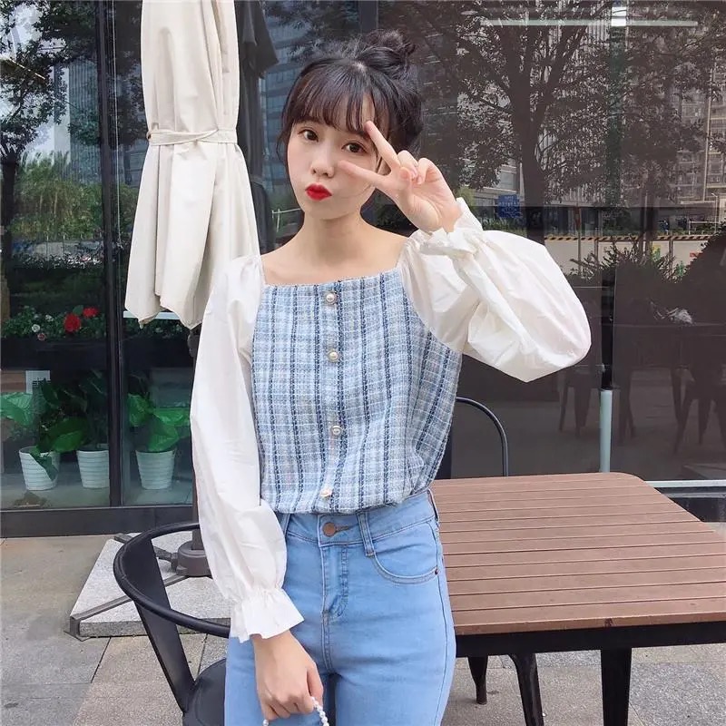 Áo kiểu BH họa tiết kẻ caro thời trang hàn quốc tay dài retro dành cho nữ