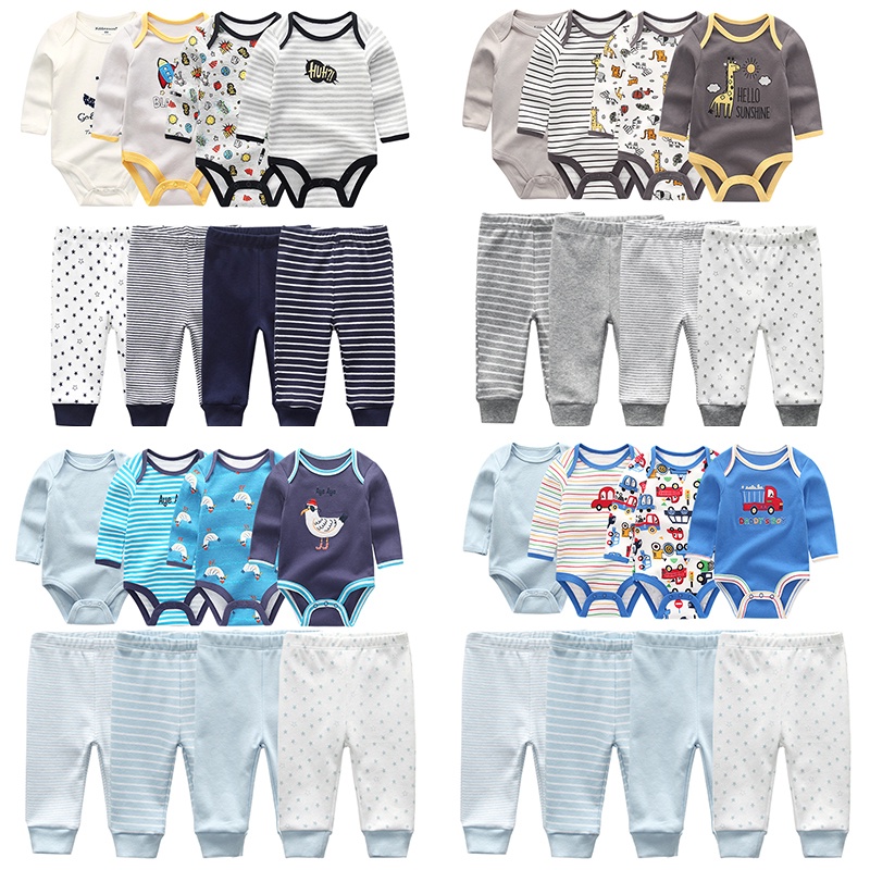 Bộ 8 Món Áo Liền Quần Tay Dài + Quần Cotton Cho Bé Sơ Sinh 0-12 Tháng Tuổi