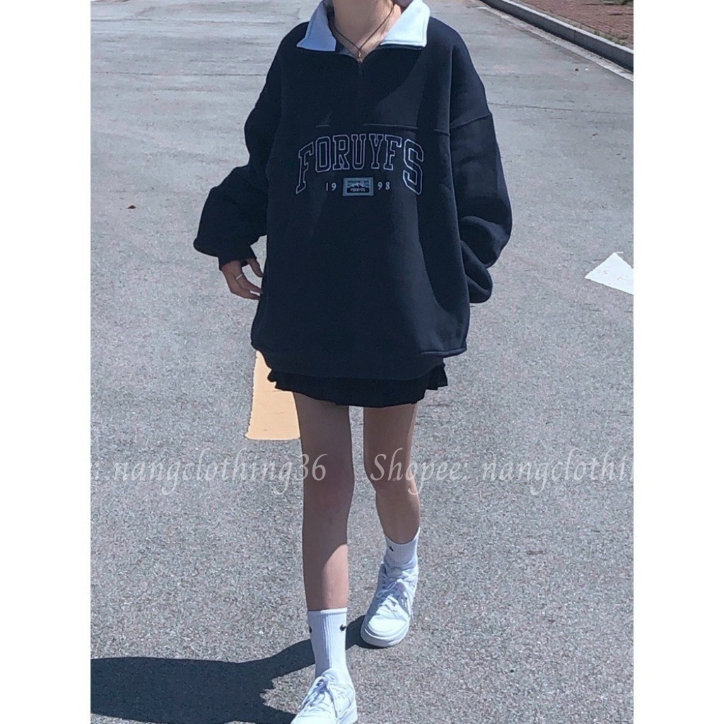 Áo Sweater Nỉ, Áo Sweater Nữ Form Rộng Cá Tính Ulzzang Xanh Đen Cổ Bẻ Chất Nỉ Ngoại Dày Dặn Freesize 38-70kg