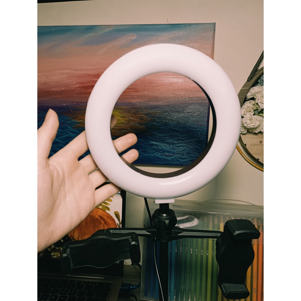 Đèn livestream để bàn 16cm kẹp 2 điện thoại có đèn hỗ trợ 3 chế độ sáng, quay tiktok, bán hàng, make up