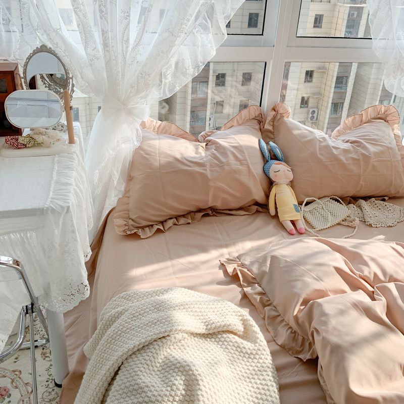 Bộ chăn ga gối Viền bèo Hàn quốc cotton tici, drap bánh bèo đáng yêu - Màu kem begie