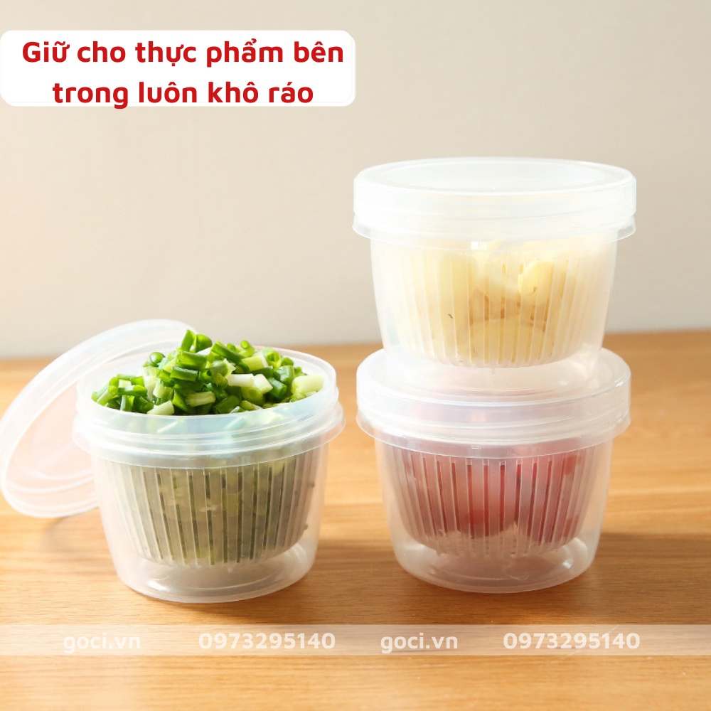 Hộp bảo quản thực phẩm tươi hành lá gừng tỏi hộp tròn tách nước đựng thức ăn để tủ lạnh tươi lâu 2 lớp ráo nước