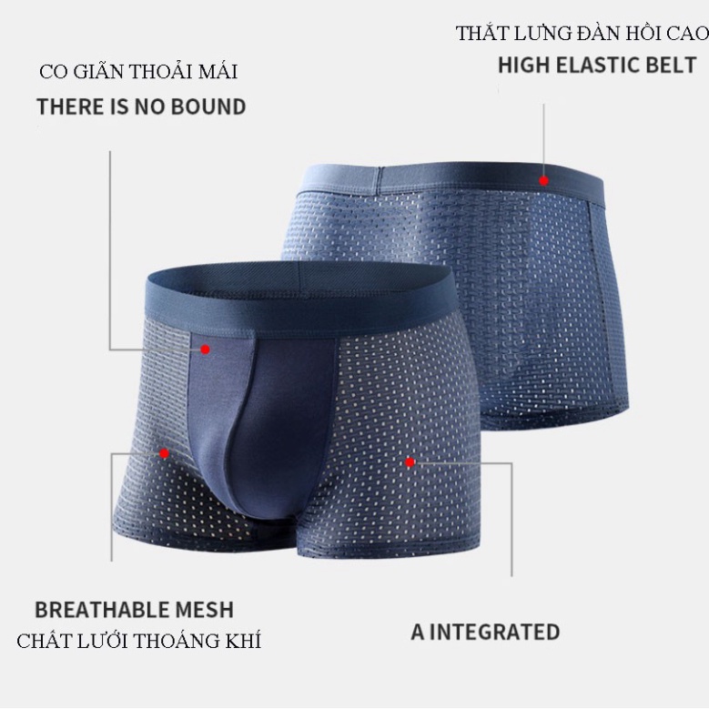 Quần lót nam thông hơi thoáng mát dạng lưới, quần boxer kháng khuẩn co dãn 4 chiều chất vải cotton Hộp 4 cái Angola