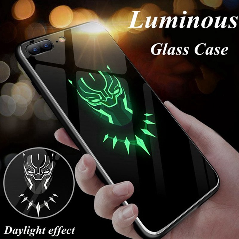 iPhone 11 Case iPhone 11 Pro Max iPhone 7 Plus 7 8 Plus Ốp điện thoại mặt kính hình anh hùng Marvel có đèn nền dạ quang phát sáng trong bóng tối cho