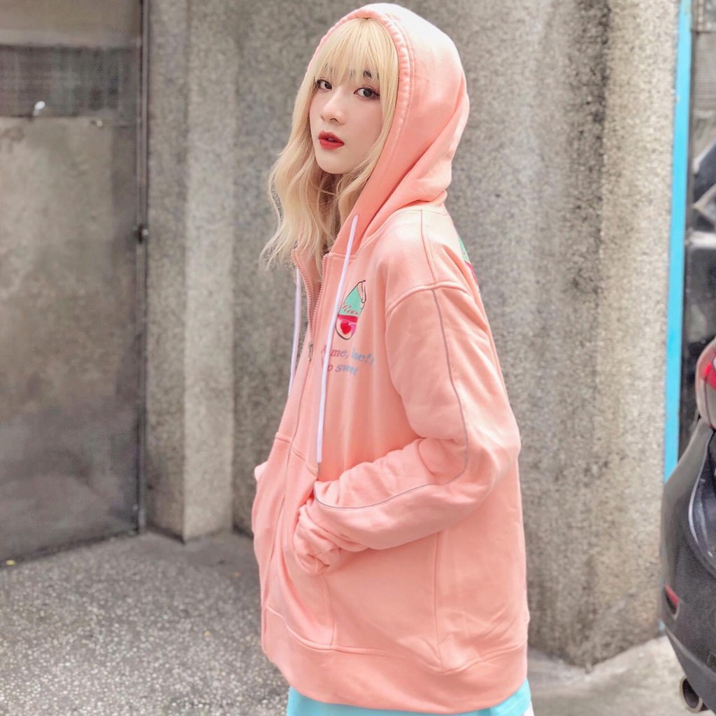 ÁO KHOÁC NỮ FORM RỘNG CHẤT NỈ NGOẠI DÁNG ÁO HOODIE IN HÌNH 2 MÀU HỒNG XANH HOT HIT