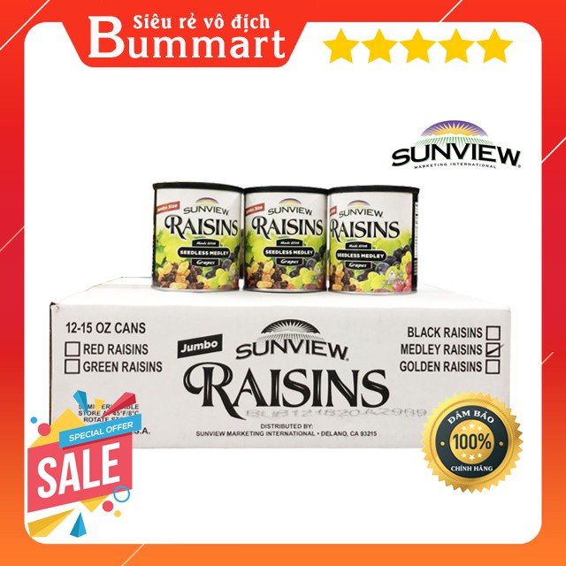 SỈ 1 THÙNG 12 HỘP NHO KHÔ MỸ SUNVIEW RAISINS 425G