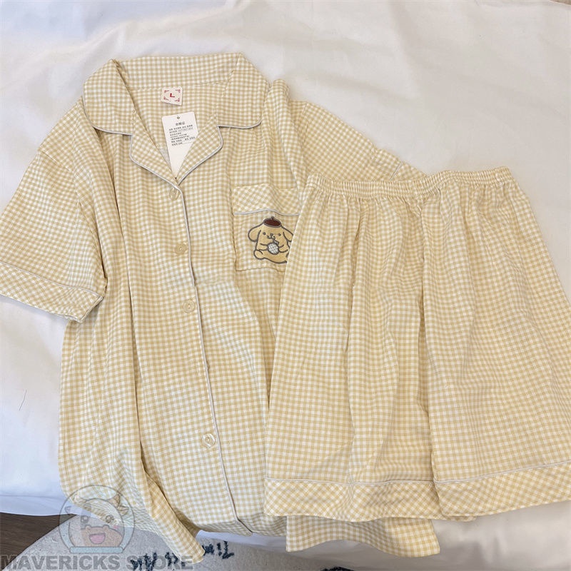 Bộ Đồ Ngủ Mặc Nhà Vải cotton Tay Ngắn Kẻ Sọc Vàng Kiểu Nhật Bản Dễ Thương Cho Nữ