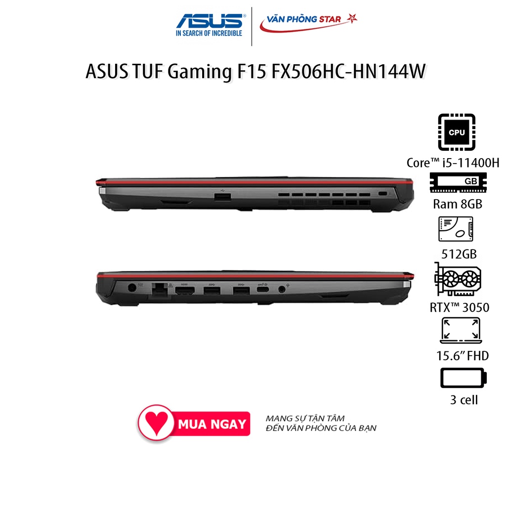 Laptop ASUS TUF Gaming F15 FX506HC-HN144W (Core™ i5-11400H | 8GB | 512GB | RTX™ 3050 4GB | 15.6 inch FHD | Win 11)