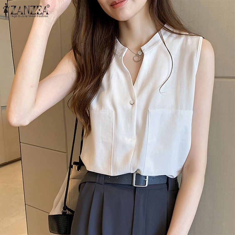 Áo kiểu Zanzea không tay cổ chữ V phong cách thời trang Hàn Quốc cho nữ