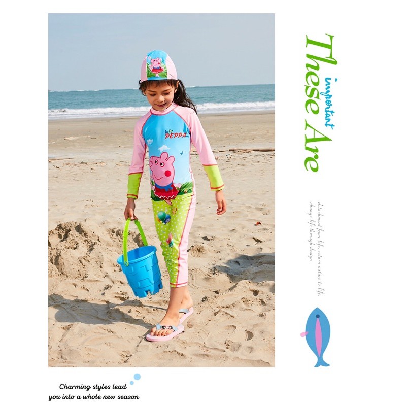 Bộ bơi bé gái liền quần họa tiết heo peppa.Hàng QC