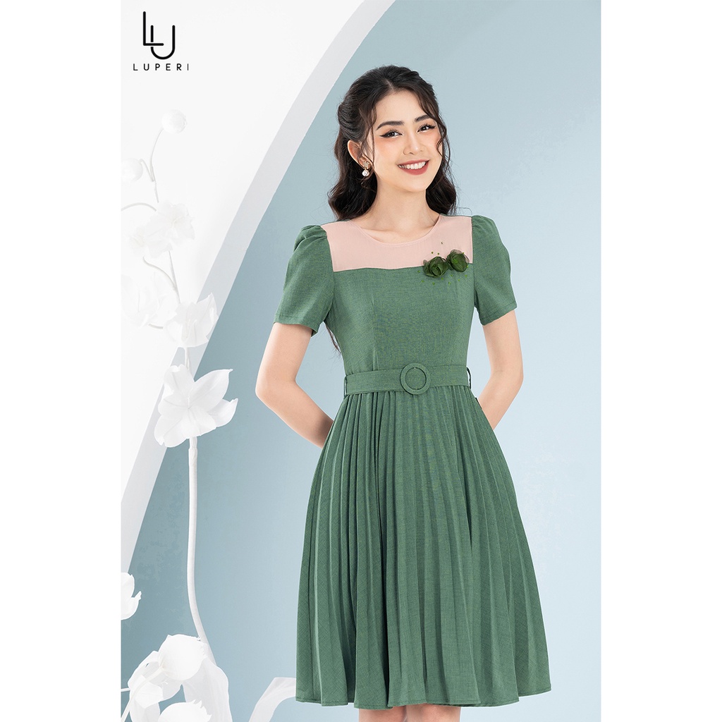 Đầm Xòe Xếp Ly Luperi LFV3259 thiết kế đính hoa thủ công tinh tế thắt đai tạo eo thon cho nàng công sở đi làm dự tiệc